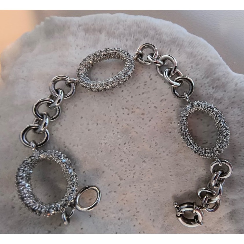 Designer-Quality Silver-Tone Pavé Link Bracelet Sterling Clasp | Boutique Style